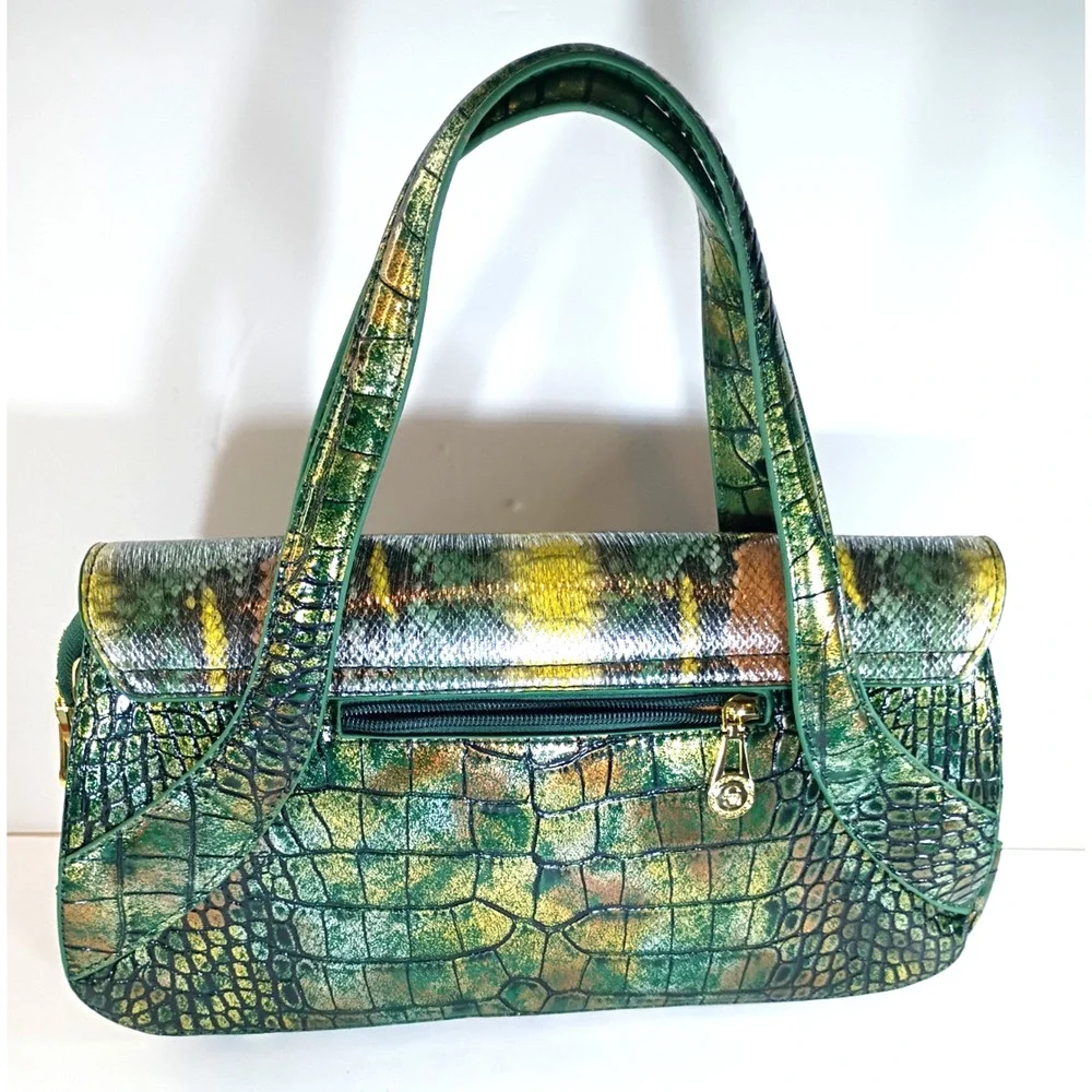 Vintage Sharif Metallic Green Gold Reptile Embossed Crossbody Flap Bag Y2K EUC